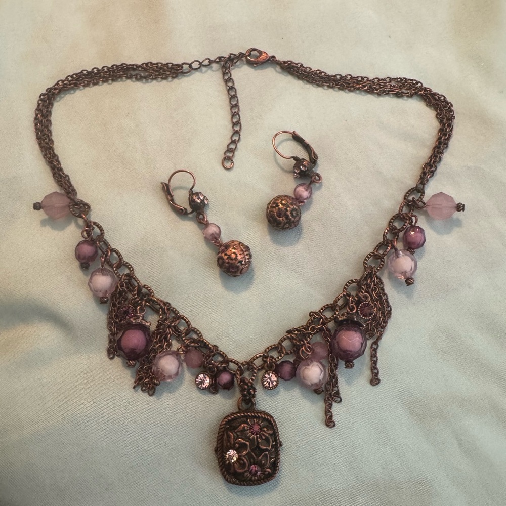 Elegant Purple and Copper Necklace and Earring Set